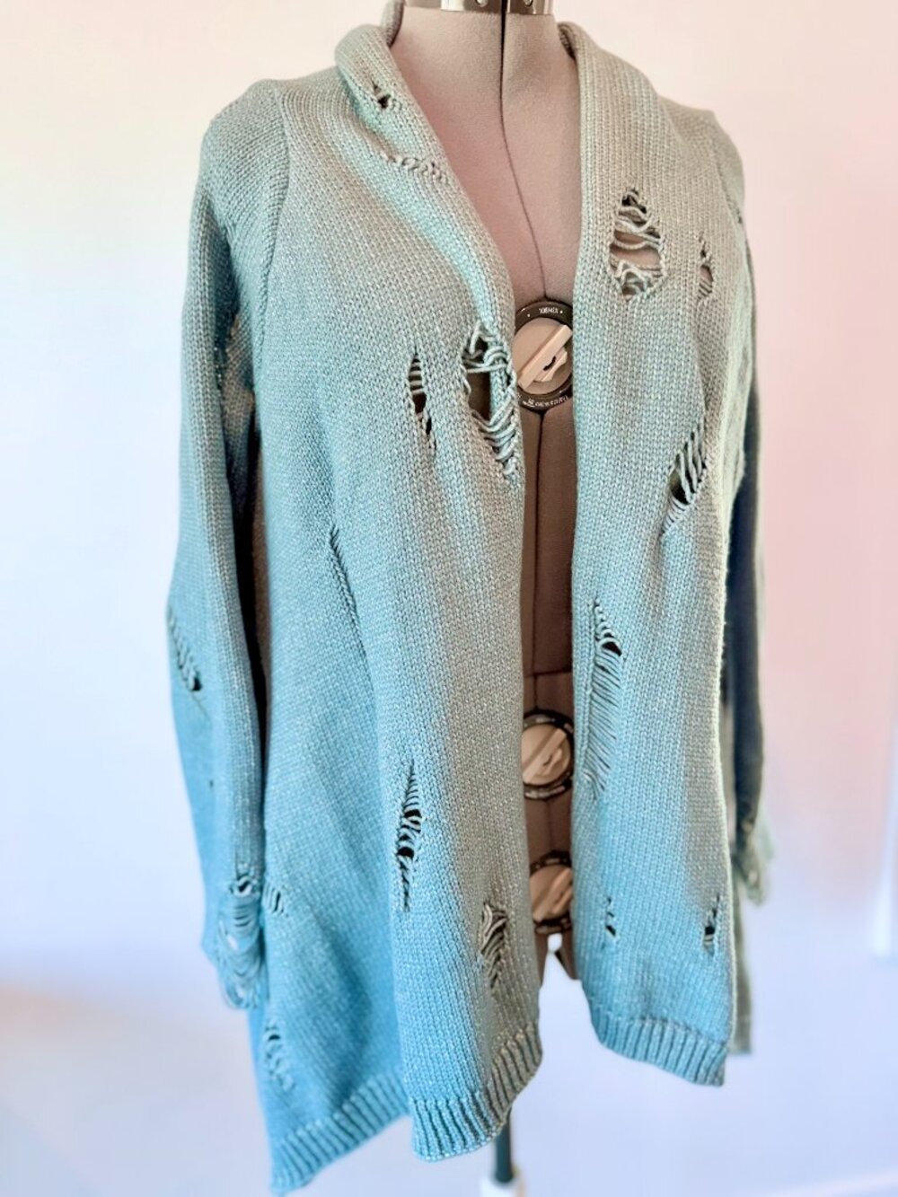 Sage & Flower light blue open-front distressed knit cardigan
